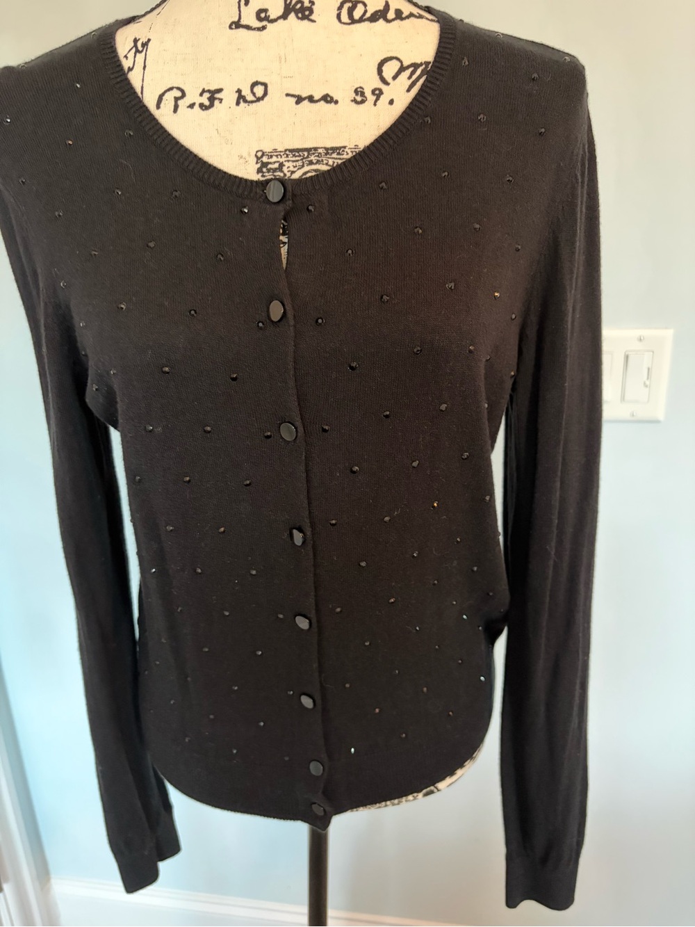 Ann Taylor Black Beaded Crewneck Cardigan